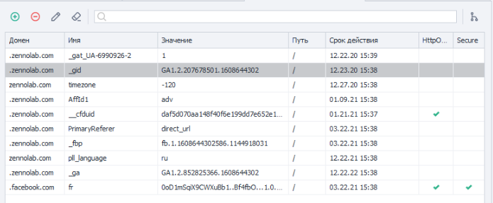 Вкладка «Cookies».