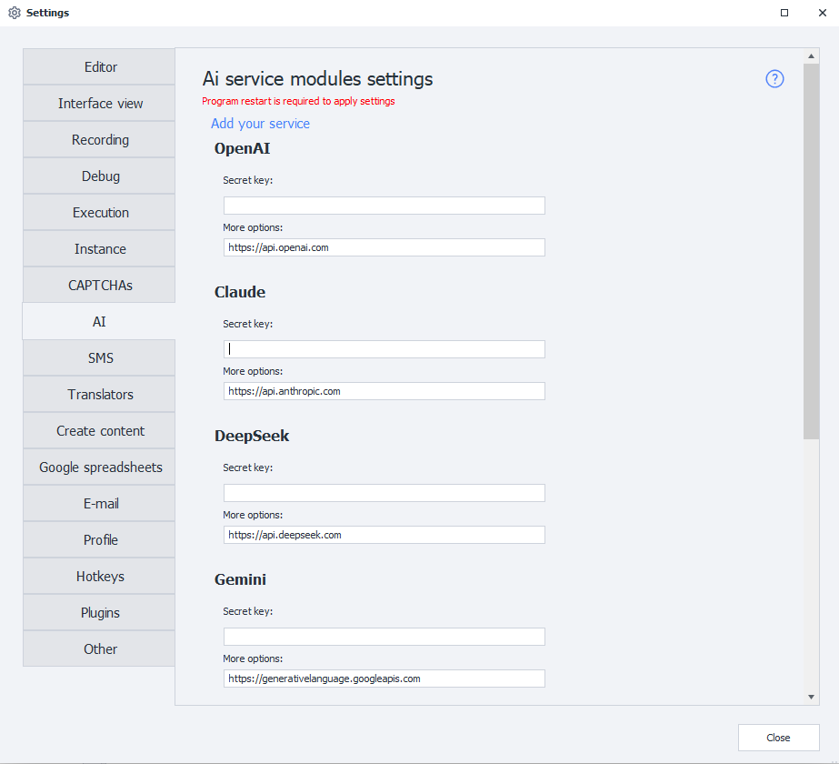 AI settings window