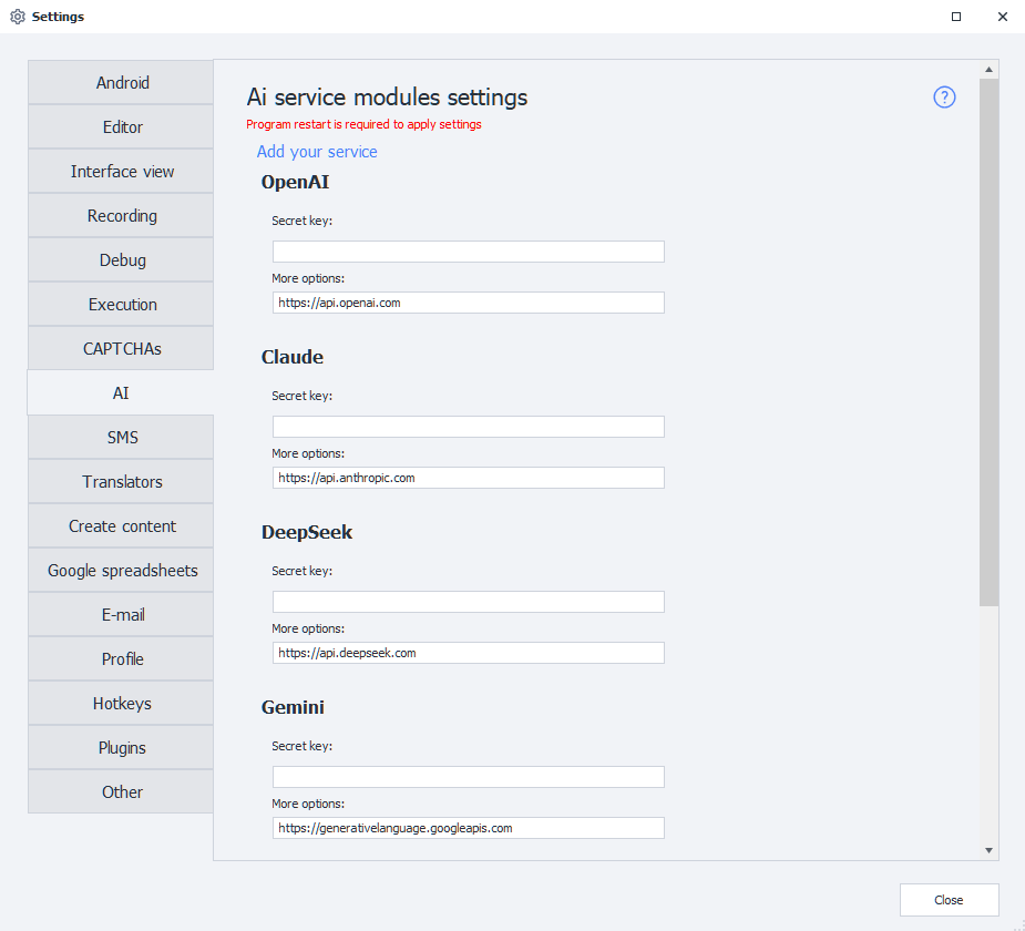 AI settings window