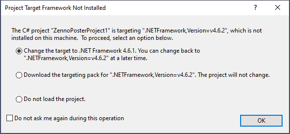 The project target framework is not installed